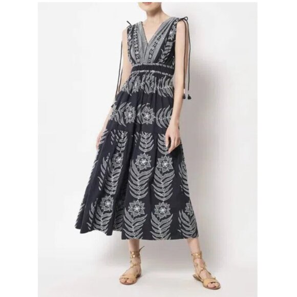 Omika Rosalita Midi Tiered Gray Sleeveless V-Neck Embroidered Print Dress Size L - Picture 1 of 10
